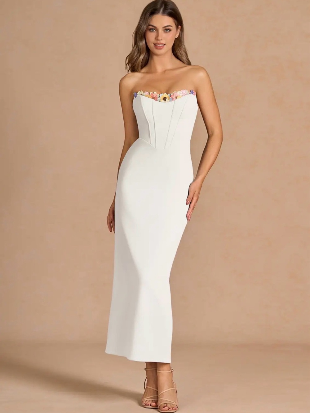Azazie White Strapless Gown with Multicolor Floral Trim - Picture 2 of 4